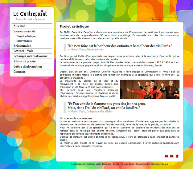 Page intérieure du site internet du choeur Le Contrepoint